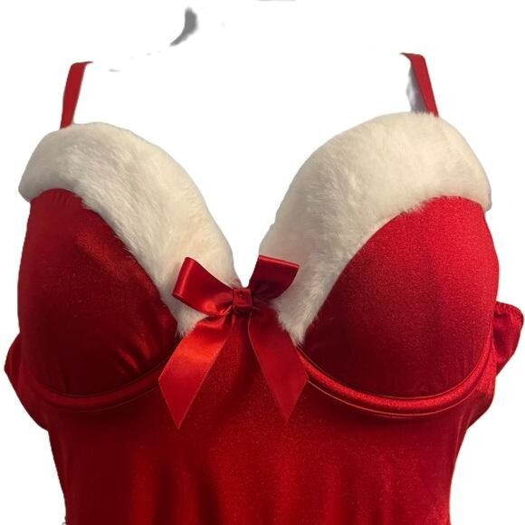 Chantal Cheri Red Santa Bodysuit Teddy Lingerie Set Belt Fur Trim, Small - Picture 2 of 5
